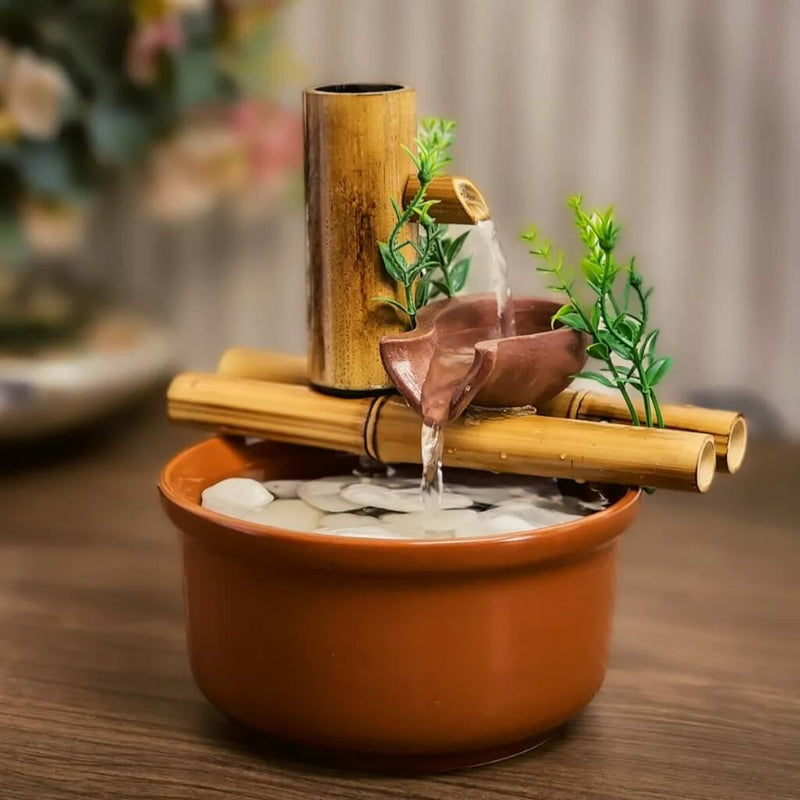 Fonte Decorativa de Mesa - Cascata de Bambu com 2 Quedas de Água - 19 cm