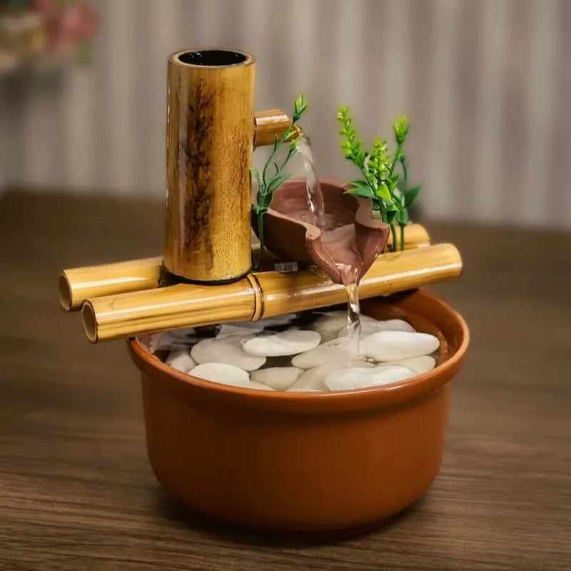 Fonte Decorativa de Mesa - Cascata de Bambu com 2 Quedas de Água - 19 cm