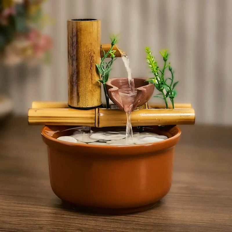 Fonte Decorativa de Mesa - Cascata de Bambu com 2 Quedas de Água - 19 cm