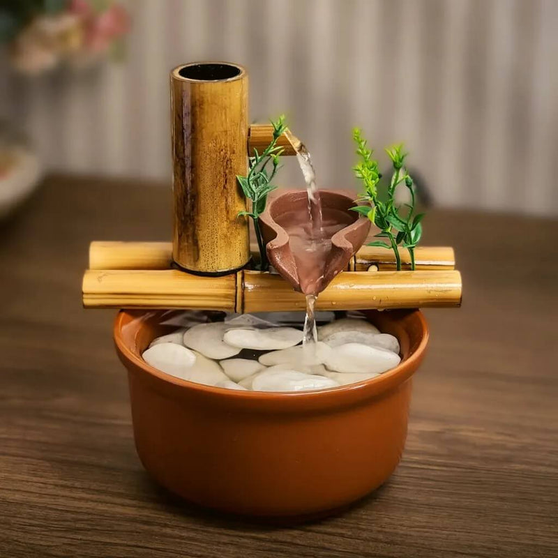 Fonte Decorativa de Mesa - Cascata de Bambu com 2 Quedas de Água - 19 cm