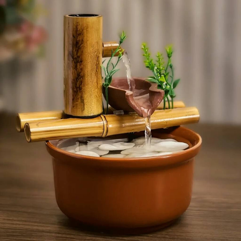 Fonte Decorativa de Mesa - Cascata de Bambu com 2 Quedas de Água - 19 cm