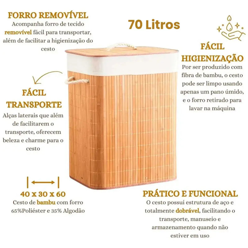 Cesto de Roupas Sujas Retangular de Bambu com Alças e Tampa - Maxx