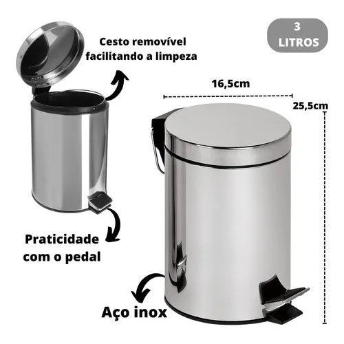 Kit de Banheiro: Lixeira de Inox com Pedal 3L + Escova Sanitária de Aço Inox